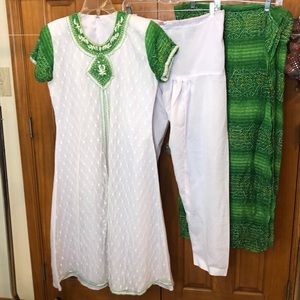 Sari Saree 3 Piece Set Top Pants Scarf Green White